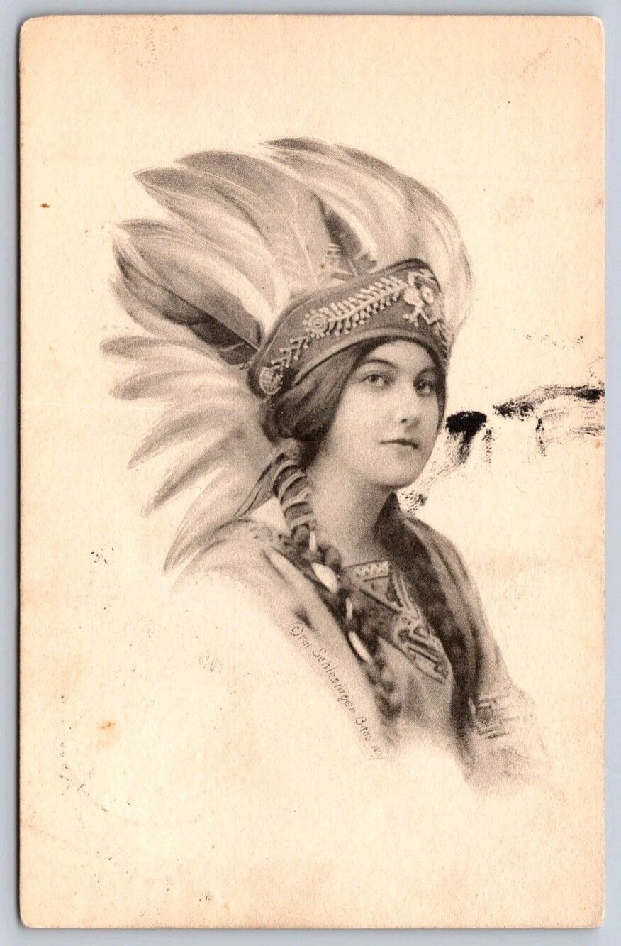 Postcard Indian Maiden Woman in Headdress Schlesinger Bros NY Posted c1912 MN ND